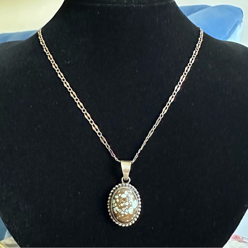 Signed Scott Skeets Navajo Kingman Turquoise Pendant Necklace Sterling Silver - Picture 2 of 8